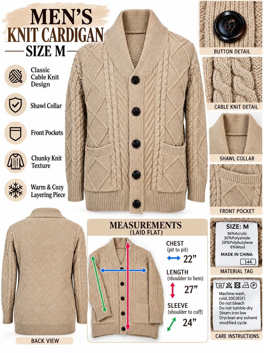 Men's Shawl Collar Cable Knit Cardigan Sweater - Beige